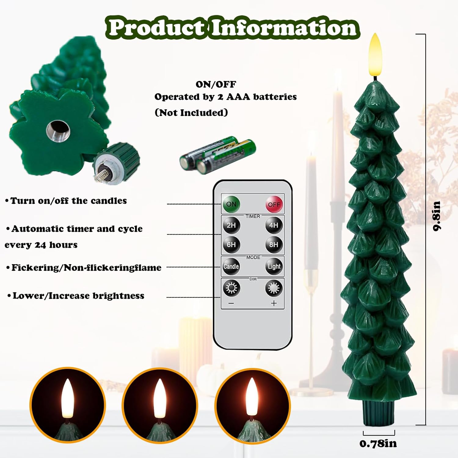 4 Pcs Christmas Tree Candles Decorations, Christmas LED Flameless Taper Candle with Remote Timer, Real Waxy Green Window Candle 3D Flame Wick for Home Decor