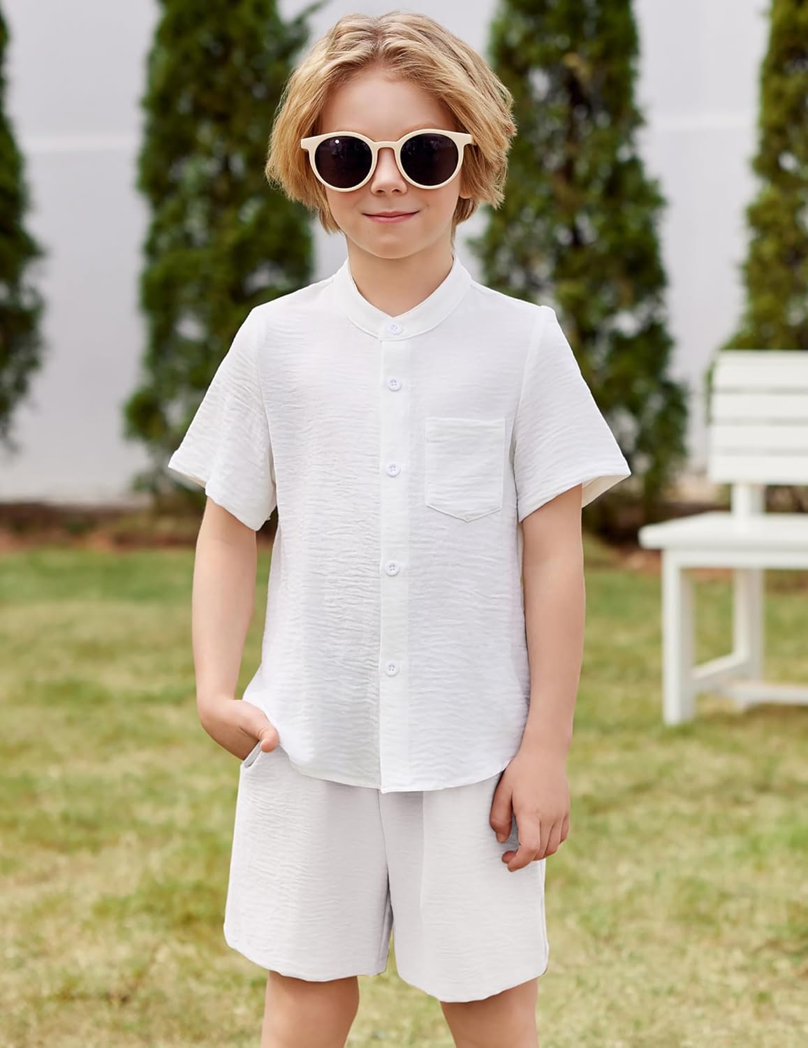 Arshiner Toddler Boys 2 Piece Set Short Sleeve Button Down Shirt and Shorts Vacation Texture Outfits with Pocket 2-8 Years - Image 3