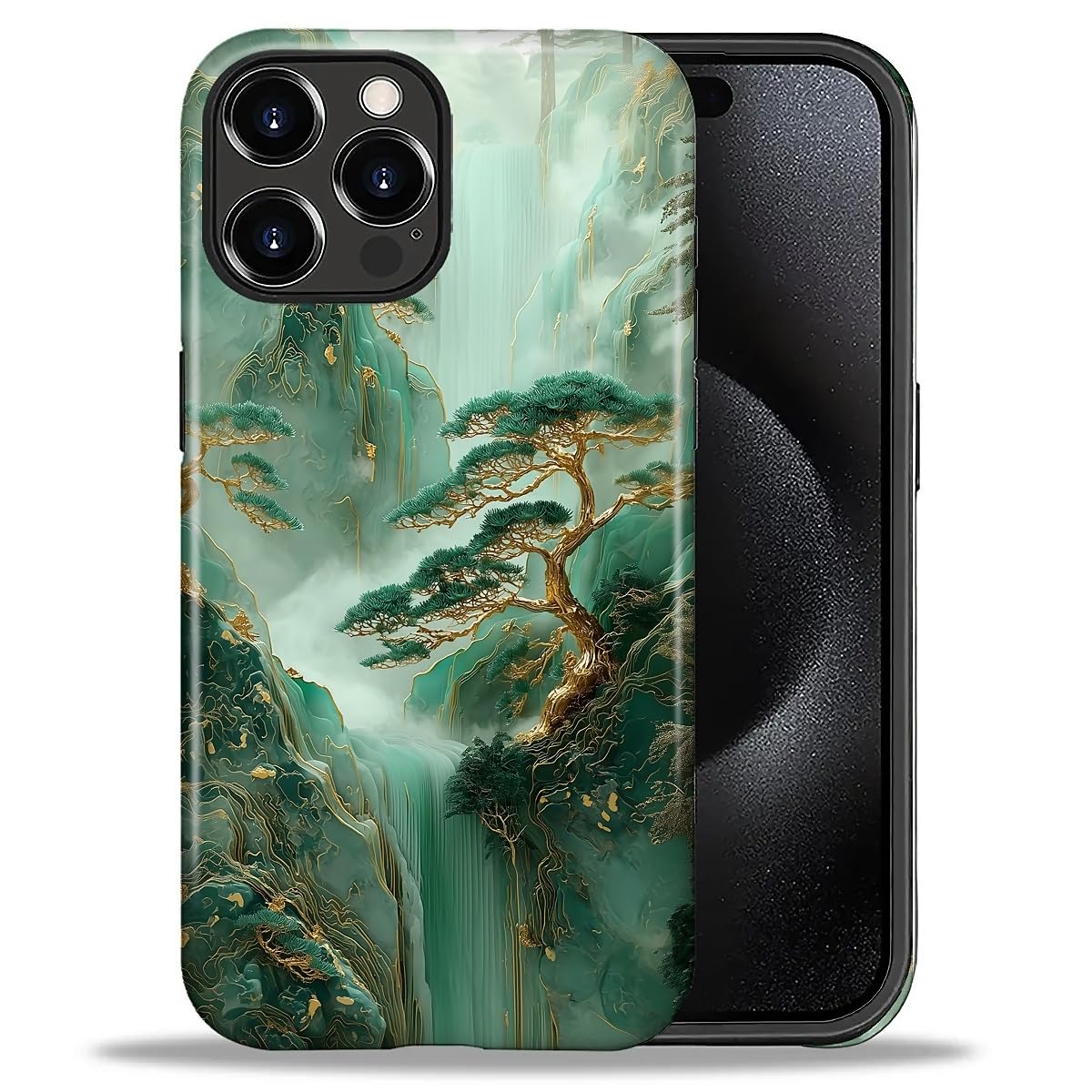 ZHEGAILIAN Case for iPhone 16 Pro,Shockproof Hard Shell + Soft Silicone 2 in 1 Hybrid,Shockproof Bumper Drop Protective - Green Tree Retro Style