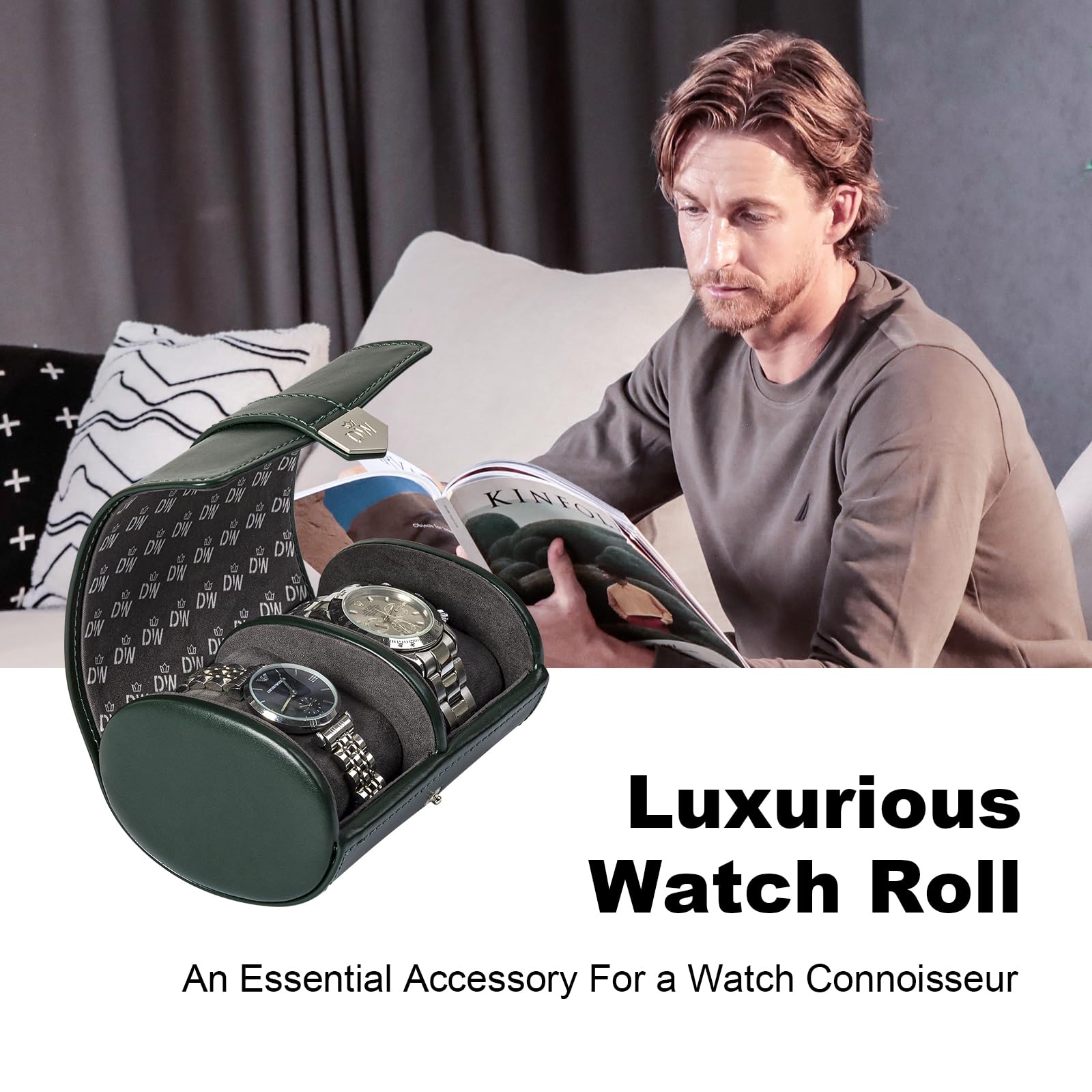 DUKWIN Rotolo per 2 orologi, organizer da viaggio con cuscini rimovibili, per uomini e donne, in pelle, per collezione di orologi e regalo per anniversario e compleanno (contenitore per orologi verde)