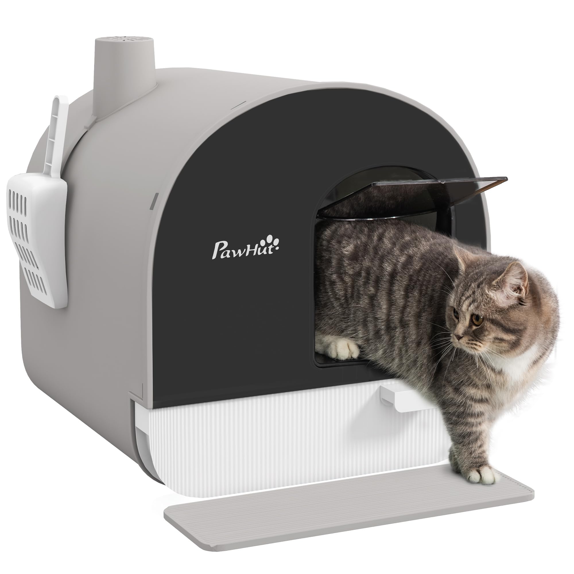 PawHut Bac à litière pour Chat Maison de Toilette pour Chat avec Porte battante, Pelle et Filtre Inclus dim. 43L x 44l x 47H cm - Gris