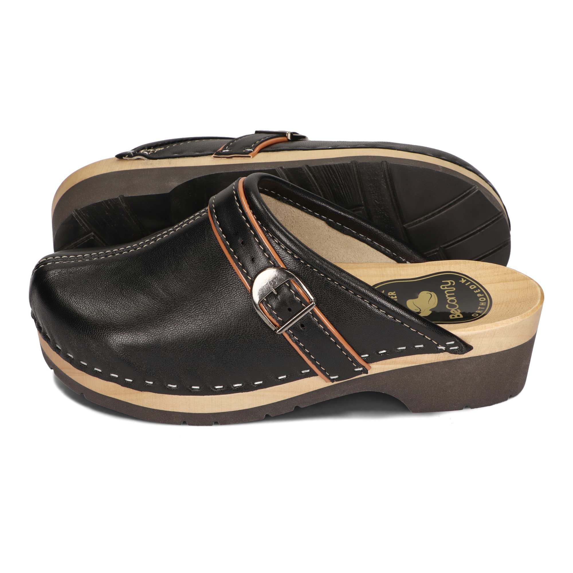 BeComfy Sabots en Cuir pour Femmes avec Semelle en Bois Noir Bleu 35-41 EU