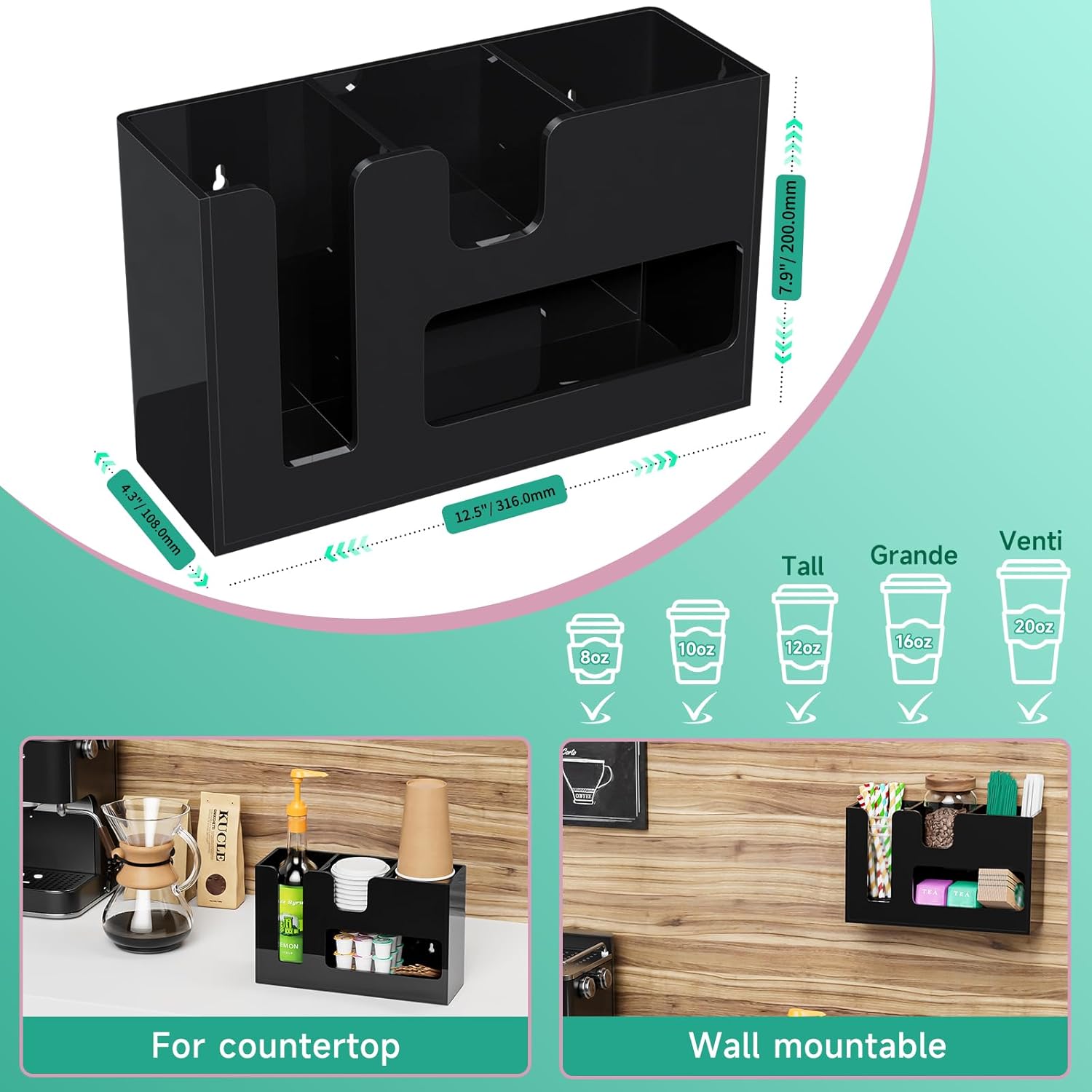 2-Tier Coffee Station Organizer for Countertop, 4 Compartments Black Acrylic Cup and Lid Holder Tea Condiment Storage Upright Coffee Bar Organizer Pod Dispenser for Office Breakroom Home Kitchen