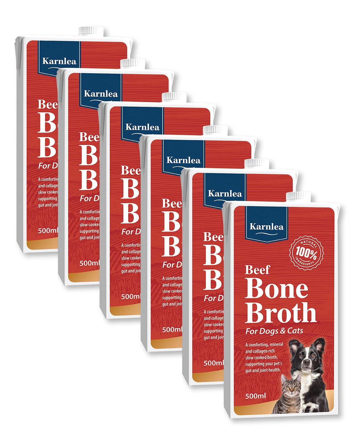 KARNLEA Pets Beef Bone Broth - 6x 500ml | 100% Real & Natural Liquid Bone Broth for Cats & Dogs | Nutritious High in Collagen & Protein for Healthy Joints, Gut, Digestion, Skin & Sickness Recovery