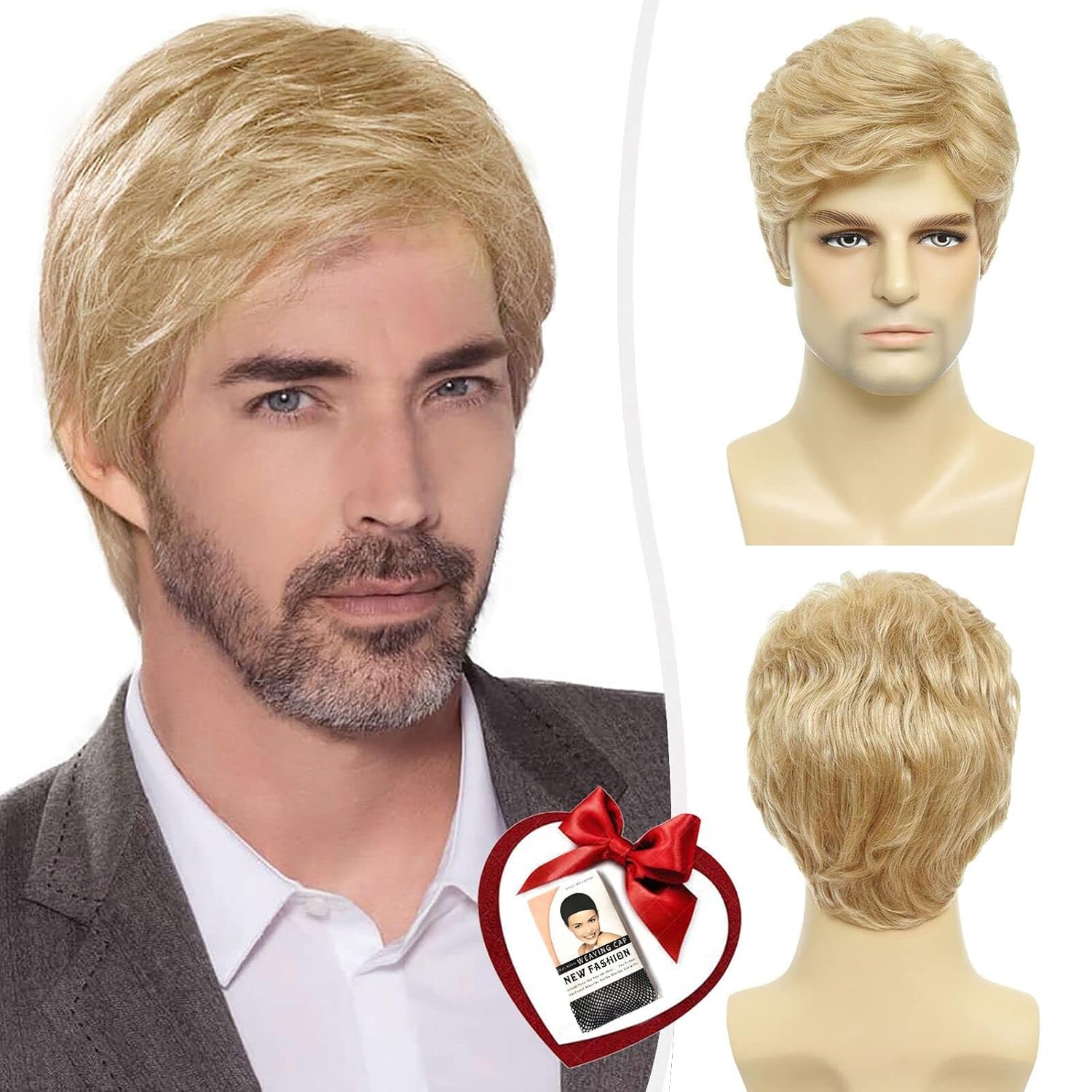 mens blonde wig short natural fluffy layered synthetic wavy hair wigs for men male daily halloween