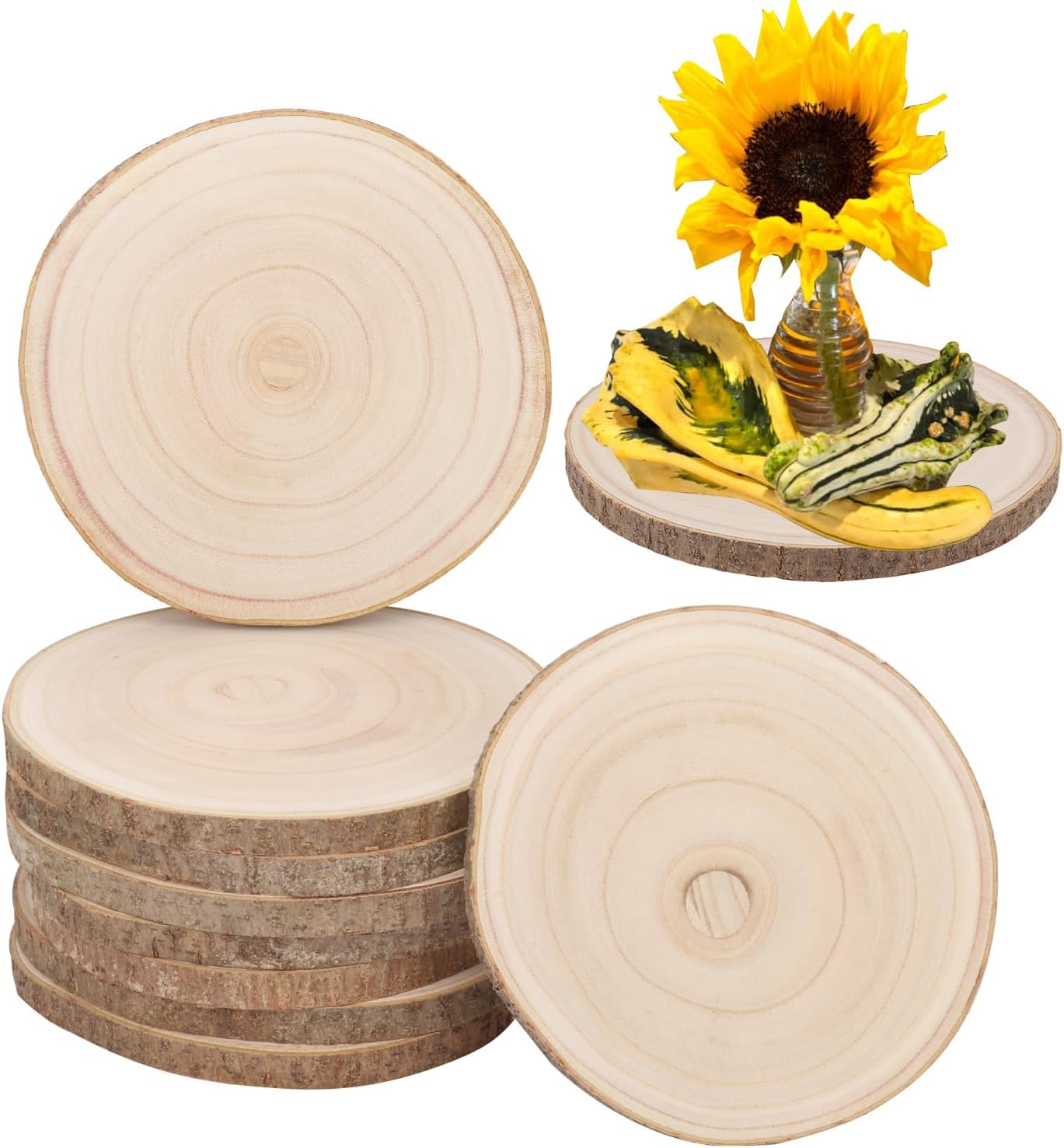 10 PCS 8-9 Inch Unfinished Wood Slices for Centerpieces, Natural Paulownia Wood Slices with Tree Bark for DIY Crafts, Centerpieces Table Decorations, Art & Decor