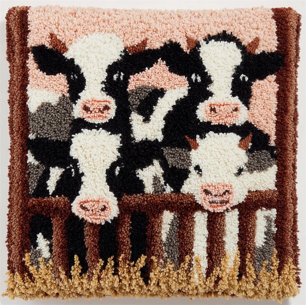 kitphoenix Latch Hook Kit Cushion for Adults,Cows in A Pen