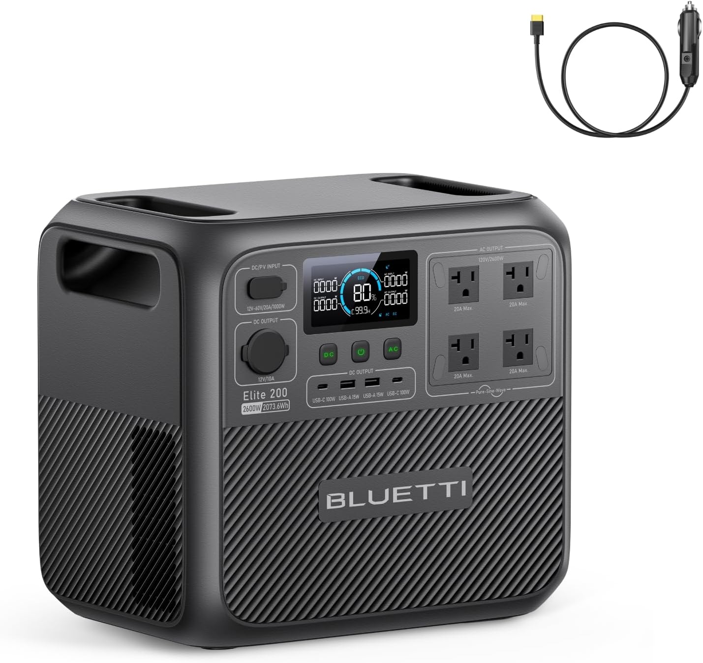 BLUETTI Elite 200 V2 Portable Power Station with Car Charging Cable (Car Port to XT60), 2073.6Wh LFP Battery Backup w/ 4 2600W AC Outlets, 17-Year Lifespan, Solar Generator for Camping, Off-grid
