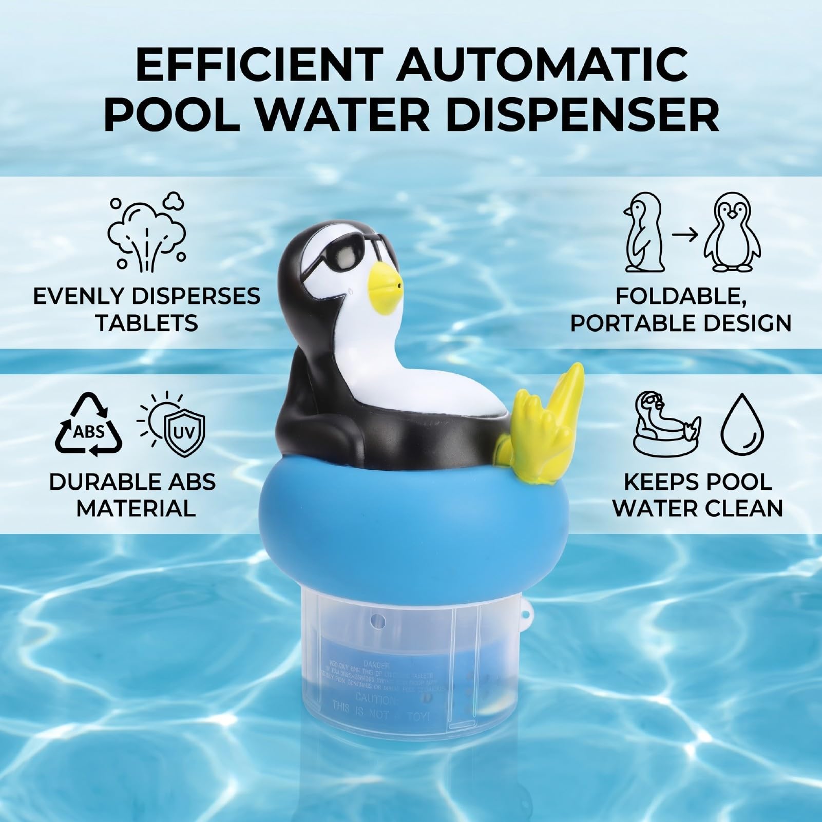 Dispensador de Flotador de Piscina Plegable, Dispensador Automático de Cloro Flotante para Piscinas Grandes y Pequeñas, SPA, con Forma de Pingüino de Liberación Ajustable