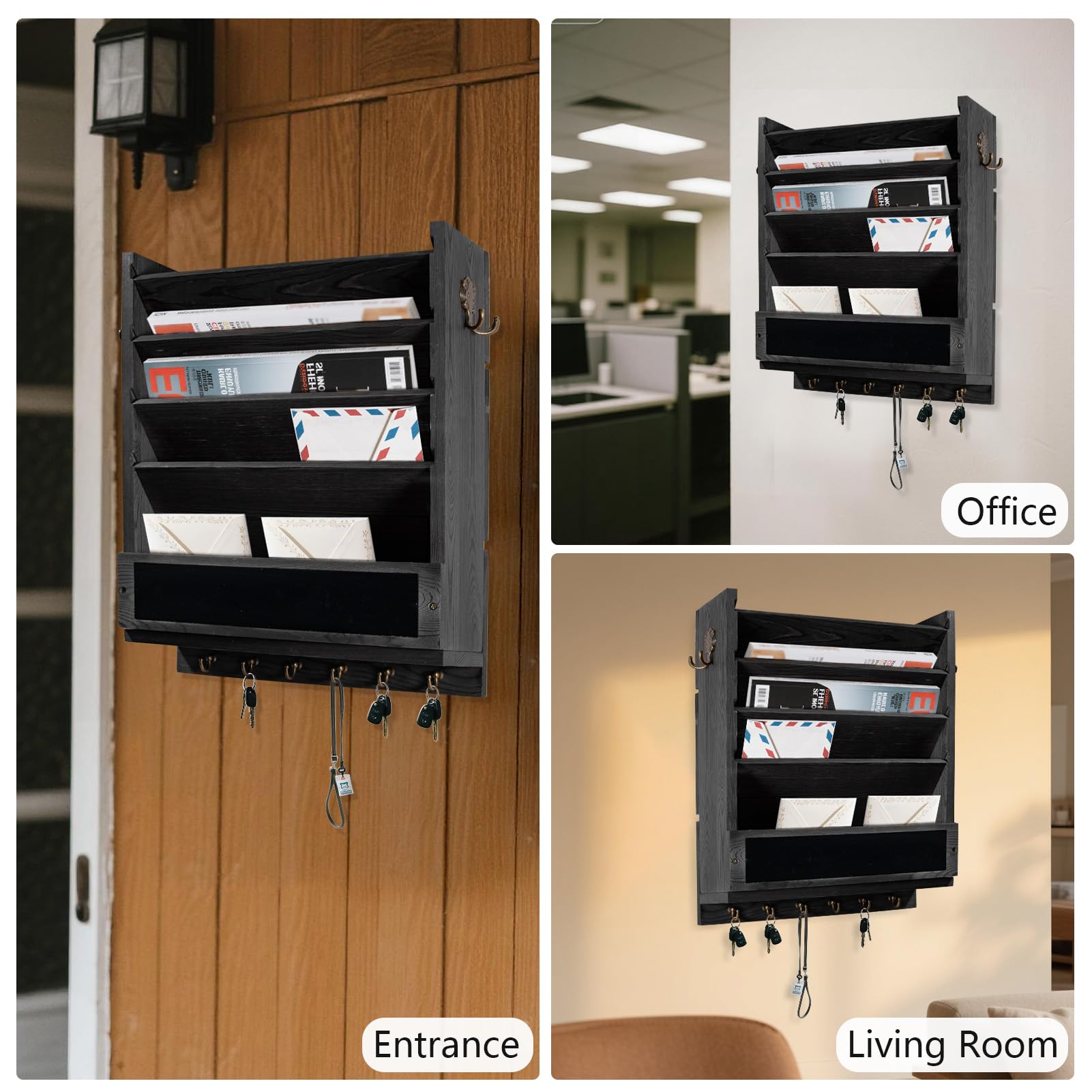 Organizador de correo de pared rústico, soporte para llaves y archivos de correo para montaje en pared, con 6 ganchos para llaves, 2 ganchos dobles para llaves, una pizarra, para el