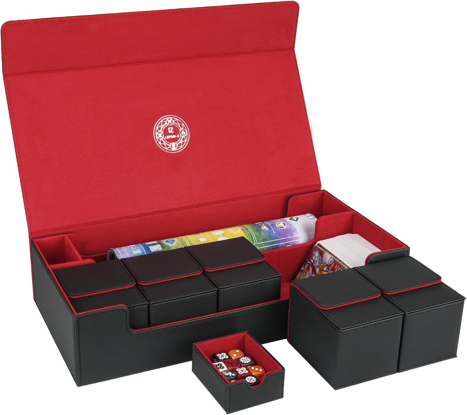 LEFOR·Z 6 in1 Card Deck Box Set,X-Large Premium Trading Card Storage Case with 5 Small Box,Magnetic Game Deck Display Case Compatible with MTG/TCG/Yugioh/Magic/Commander(Black＆Red)