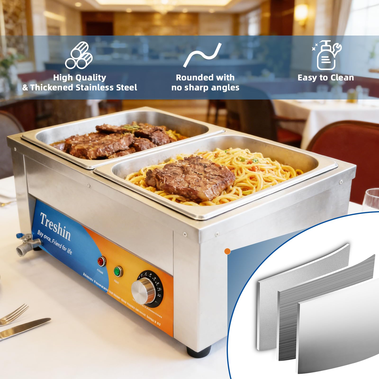 Condition photo showing New/Like New for Treshin 2 Pan Commercial Food Warmer 21 Qt Capacity 1200W Stainless Steel Electrical Bain Marie Buffet Food Warmer Steam Table with Temperature Control & Lid for Home, Party, Catering, Restaurants