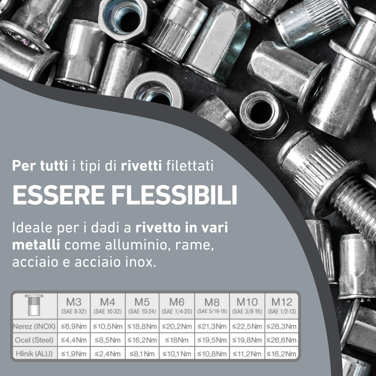 Accessorio per dado rivetto per avvitatrice a batteria e trapano I Rivettatrice per dadi in alluminio, acciaio e acciaio inox I Per rivetti ciechi con inserti M3-M12 I Adattatore