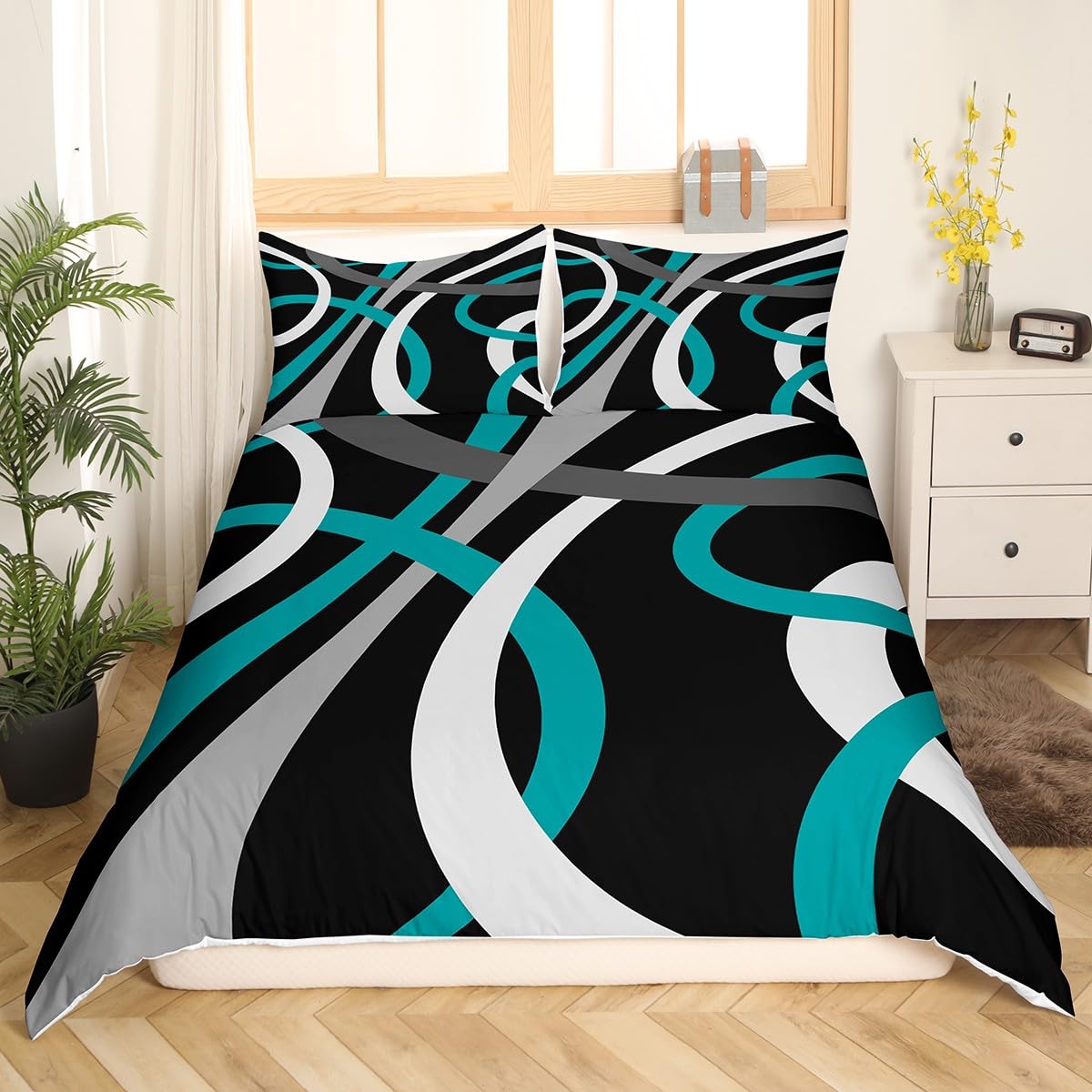 Feelyou Blue Black Gray Retro Circle Swirls Bedding Set Geometric for Kids Circle Stripes Geometric Comforter Cover Abstract Geometric Bedspread Cover Twin Size Breathable 2Pcs (No Comforter)