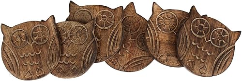 Miniatura 3 de Store Indya Juego de 6 posavasos hechos a mano de madera para té, café, cerveza, vidrio, comedor, búho, decoración del hogar, accesorios de cocina