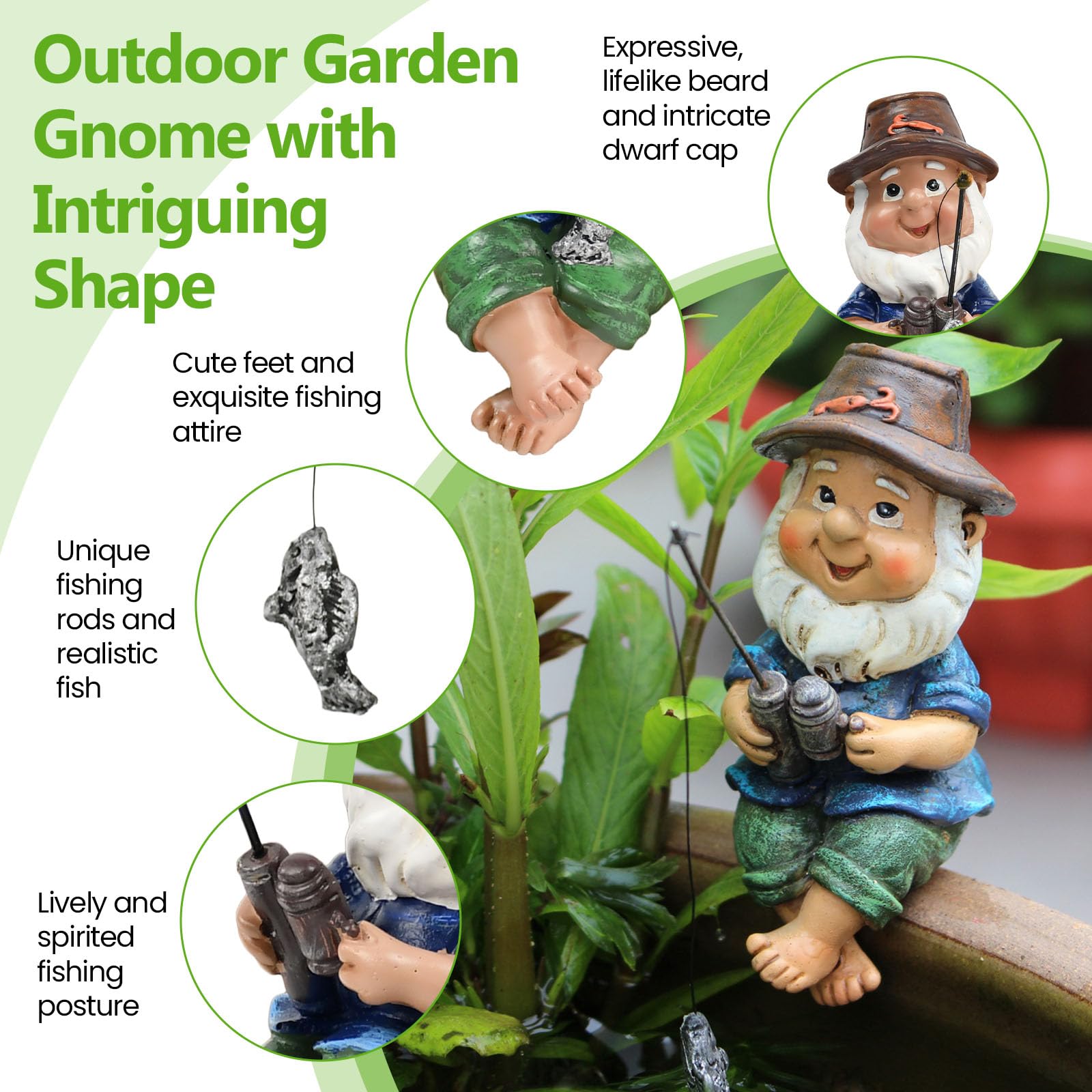 Figura de Gnomo de Jardín, Figura de Resina para Pescar, Resistente a La Intemperie, Ideal para Estanques Pequeños y Exteriores Pescadores (10 X 7 X 4,5 Cm)