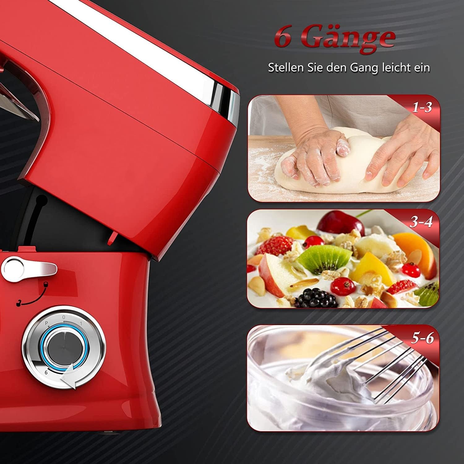 ROYALTY LINE, Procesador de Alimentos Multifunción 2100W Rojo RLPKM2100-RED, Tazón de Acero Inoxidable 7.5L, Accesorios Incluidos: Batidor, Batidor, Gancho, Protección contra Salpicaduras