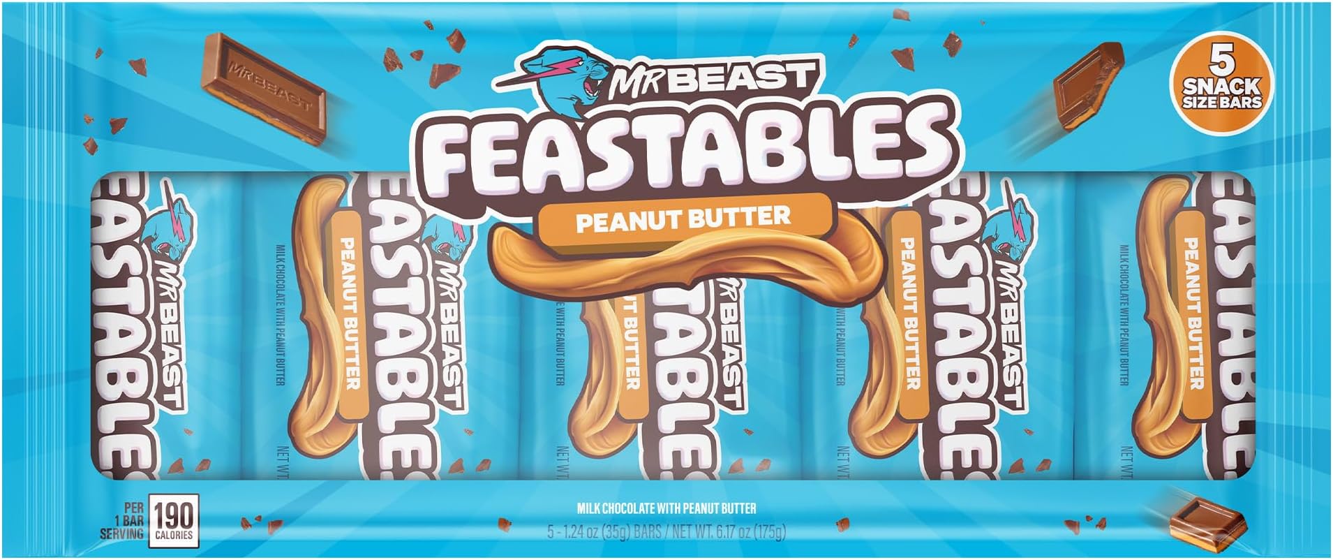 Feastables MrBeast Peanut Butter Milk Chocolate Chocolate Bar, Full Size Bar for Adults & Kids, Candy Bars, Snacks, Gifts, & Dessert, Fairtrade Cocoa, 1.24 Oz Each, 5 Count