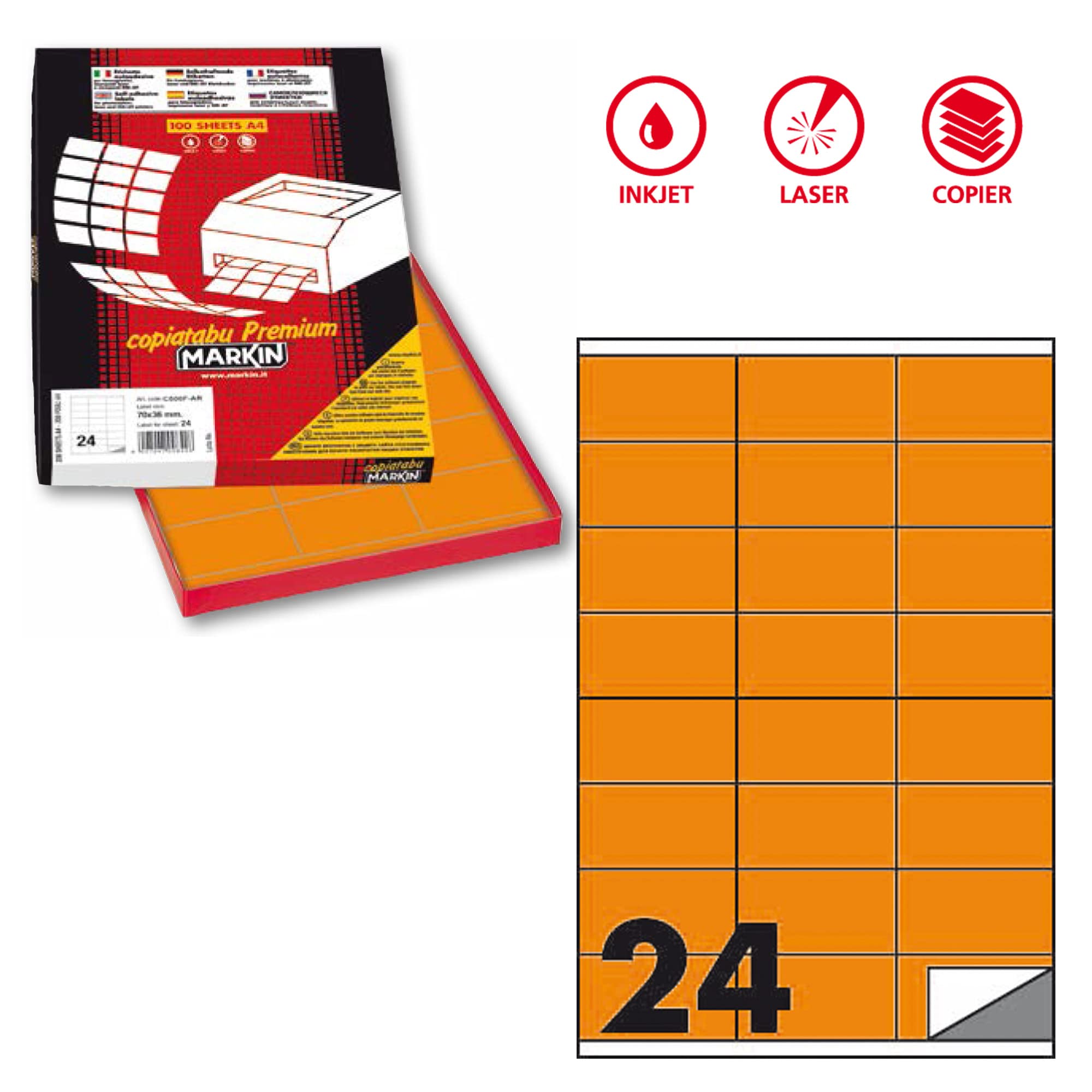 Etiqueta adhesiva C/500 naranja neón, 100 hojas, A4, 70 x 36 mm (24et/fg) Markin