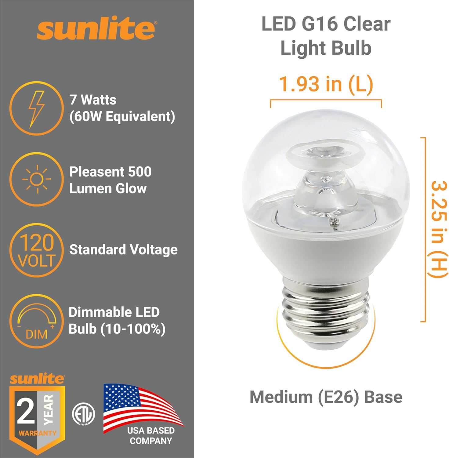 Sunlite G16 LED Dimmable Decorative Globe Vanity Light Bulbs, Clear, 7W (60W Equiv.), 500 Lumens, Medium E26 Base, Mirror Lights for Bedroom and Bathroom, 120V, ETL Listed, 4000K Cool White, 6 Pack