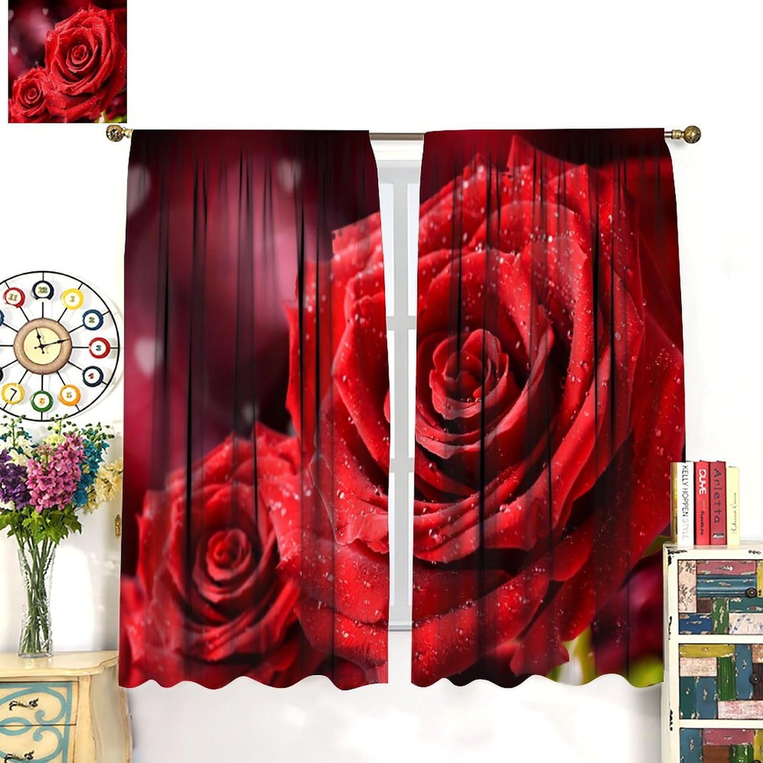 Red Roses Curtains Valentines Romantic Rose Print Burgundy Red Flower Floral Curtain with Rod Pocket for Bedroom Living Room Decor Drapes Window Treatments 2 Panels Set 42x63in