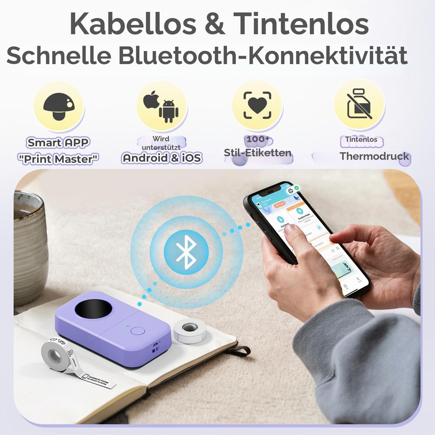 Phomemo D30 Etikettendrucker Bluetooth Etikettiergerät Beschriftungsgerät Selbstklebend Labelmaker mit 5 Rollen etikettenpapier Geschenkbox,Mini Label Printer Geeignet für Haushalt und Büro(Violett)