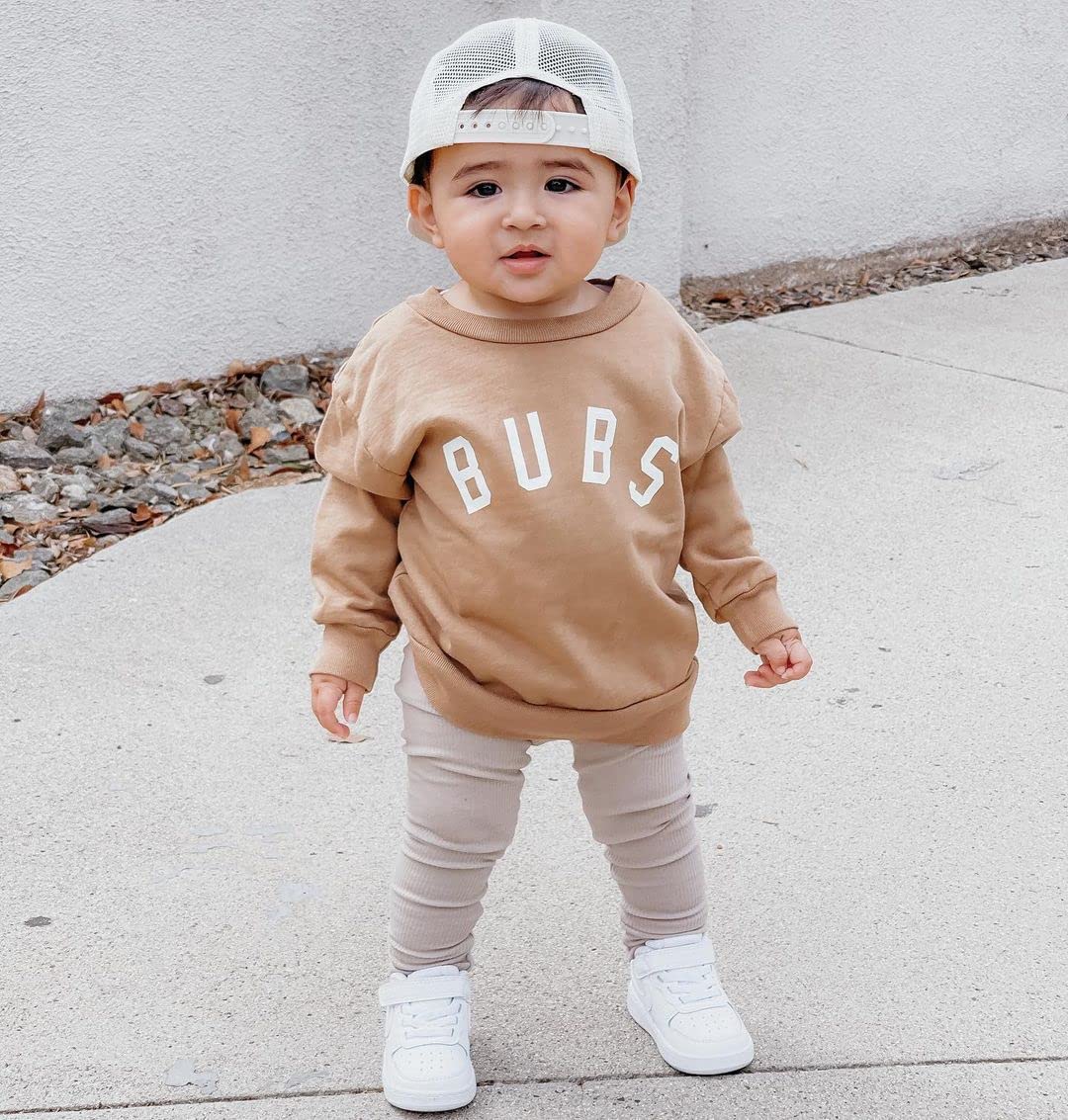 Toddler Baby Boy Fall Winter Clothes Letter Print Crewneck Sweatshirt Top Pants Sweatsuit Cute Little Boy Casual Outfit (Bubs Apricot,12-18 Months)