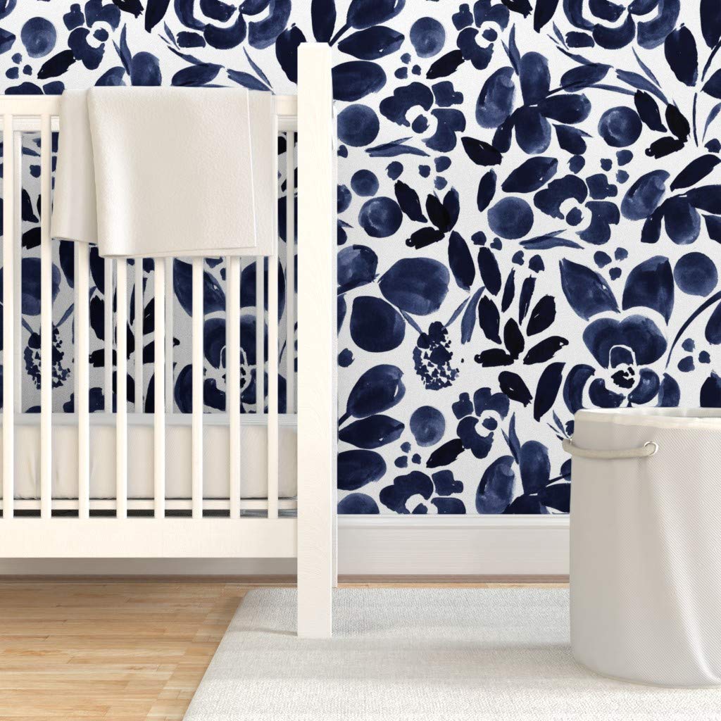 Removable Peel & Stick Wallpaper - Navy Floral Watercolor Print, 12ft Roll, Repositionable