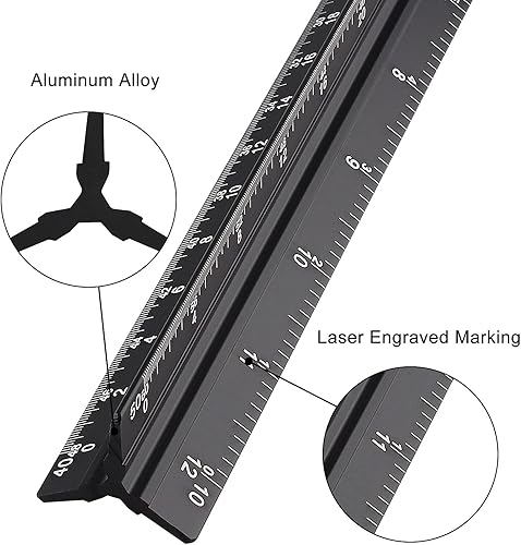 Miniatura 10 de Regla de escala de ingeniero de 12 pulgadas, regla de ingeniería triangular grabada con láser de aluminio sólido con ranuras codificadas de color,