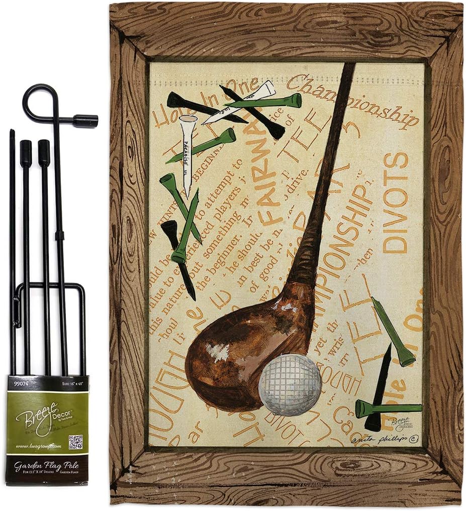 Strike A Golf Ball Garden Flag Set with Stand Sports 18 Hole Championship Club Entertainment Activity Physical Small Decorative Gift Yard House Banner Made In USA 13 X 18.5