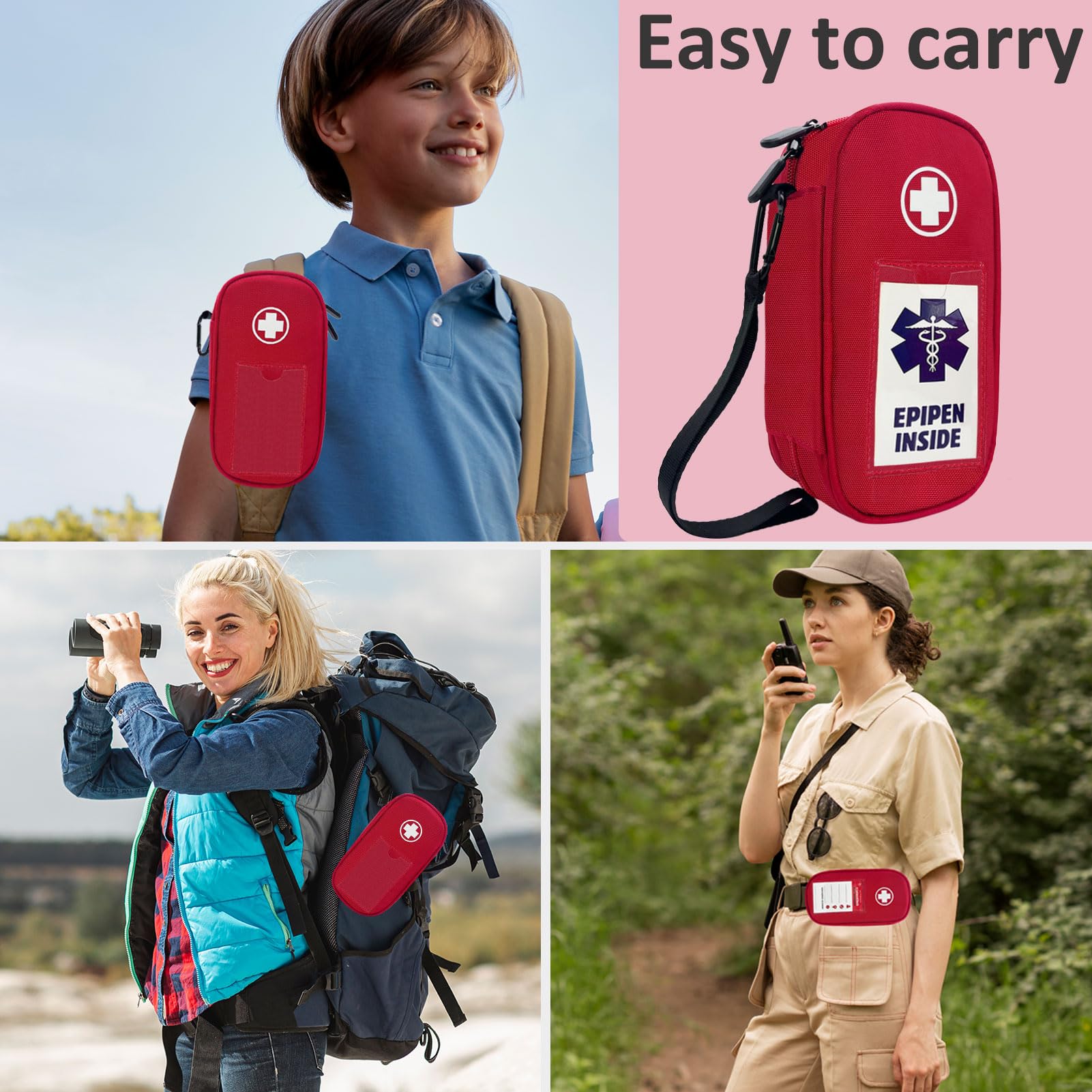 EpiPen torba medyczna z karabińczykiem, na 2 epipeny, inhalator astmy, auvi-Q, leki przeciwhistaminowe, leki alergiczne, krople do oczu, etui podróżne dla cukrzycy (kolor czerwony)