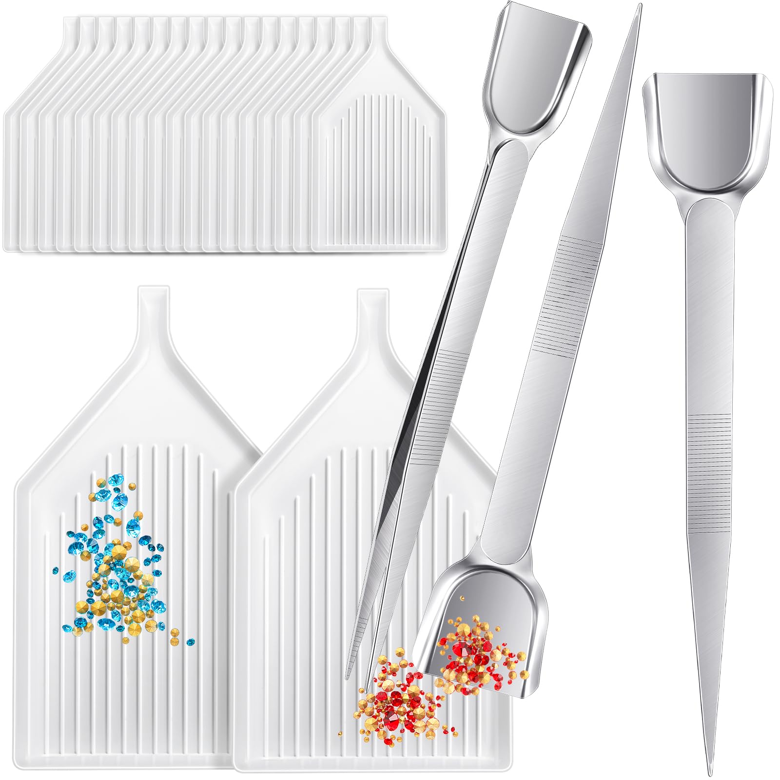 Mudder 20 Pieces Diamond Art Trays and 3 Pieces Bead Scoop Rhinestone Diamond Tweezers for Jewelry Making Gems Crystals Accessories and Tools for DIY Crafts