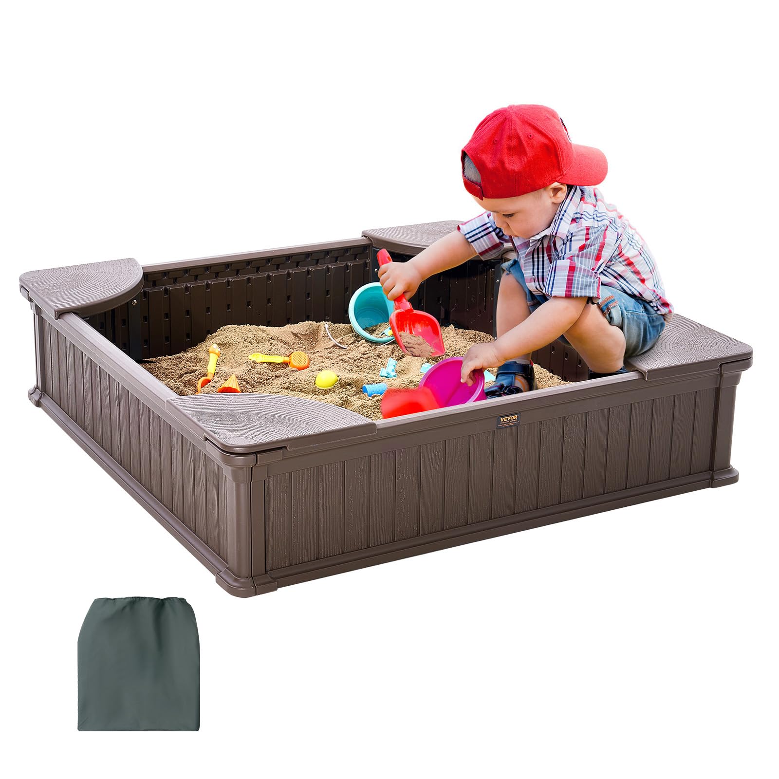 VEVOR Sandbox with Cover, 48.6''x48.6''x12.4'' Square Sand Box, HDPE Sand Pit with 4 Corner Seats & Bottom Liner, Gift for Ages 3-12 Years Old Backyard Garden Easy Assembly, Brown, Brown