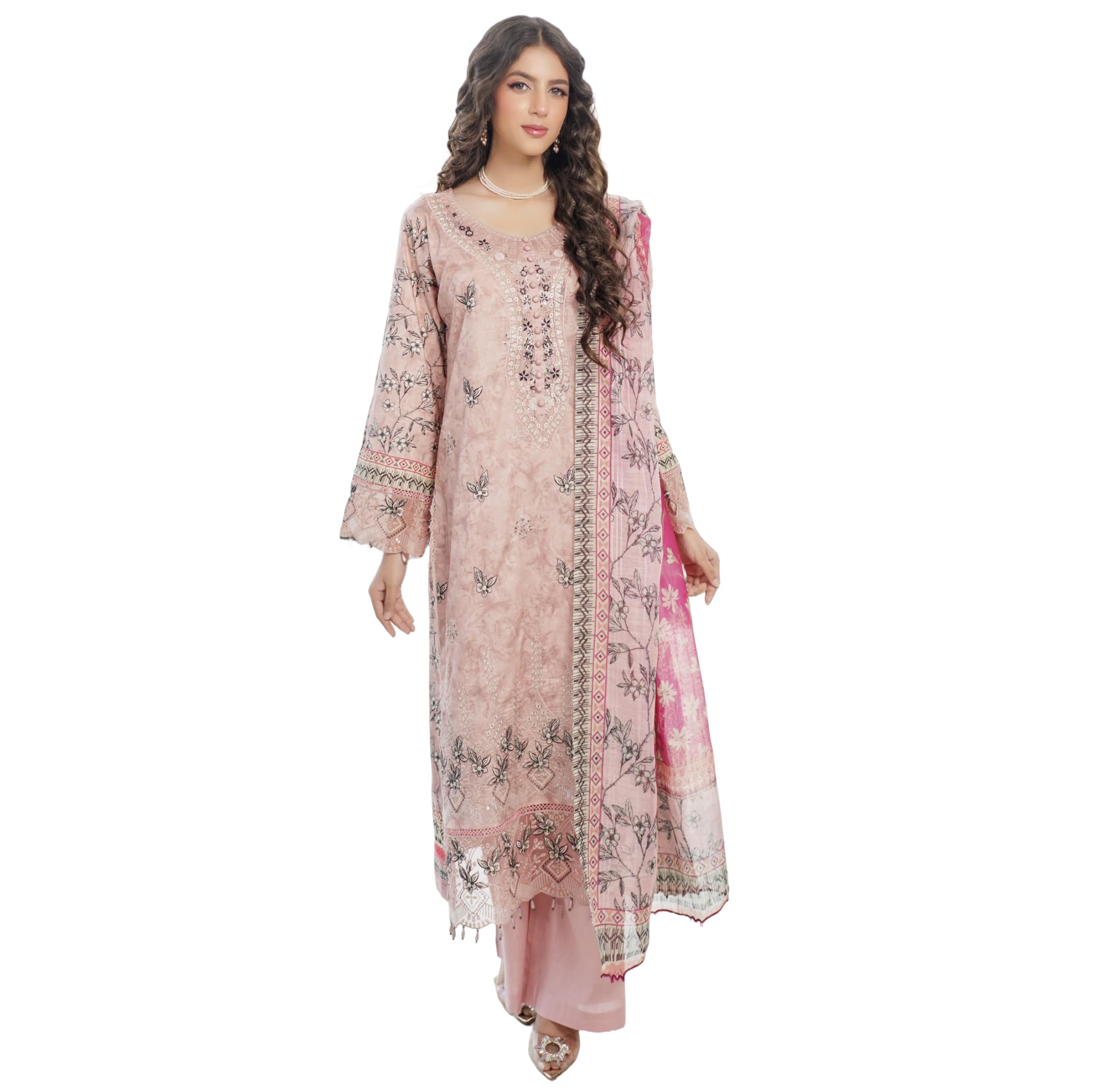Womens Pakistani Ready to Wear Suit Embroidered Shirt Sleeves Printed Lawn Cotton Trouser Dupatta - C5D1