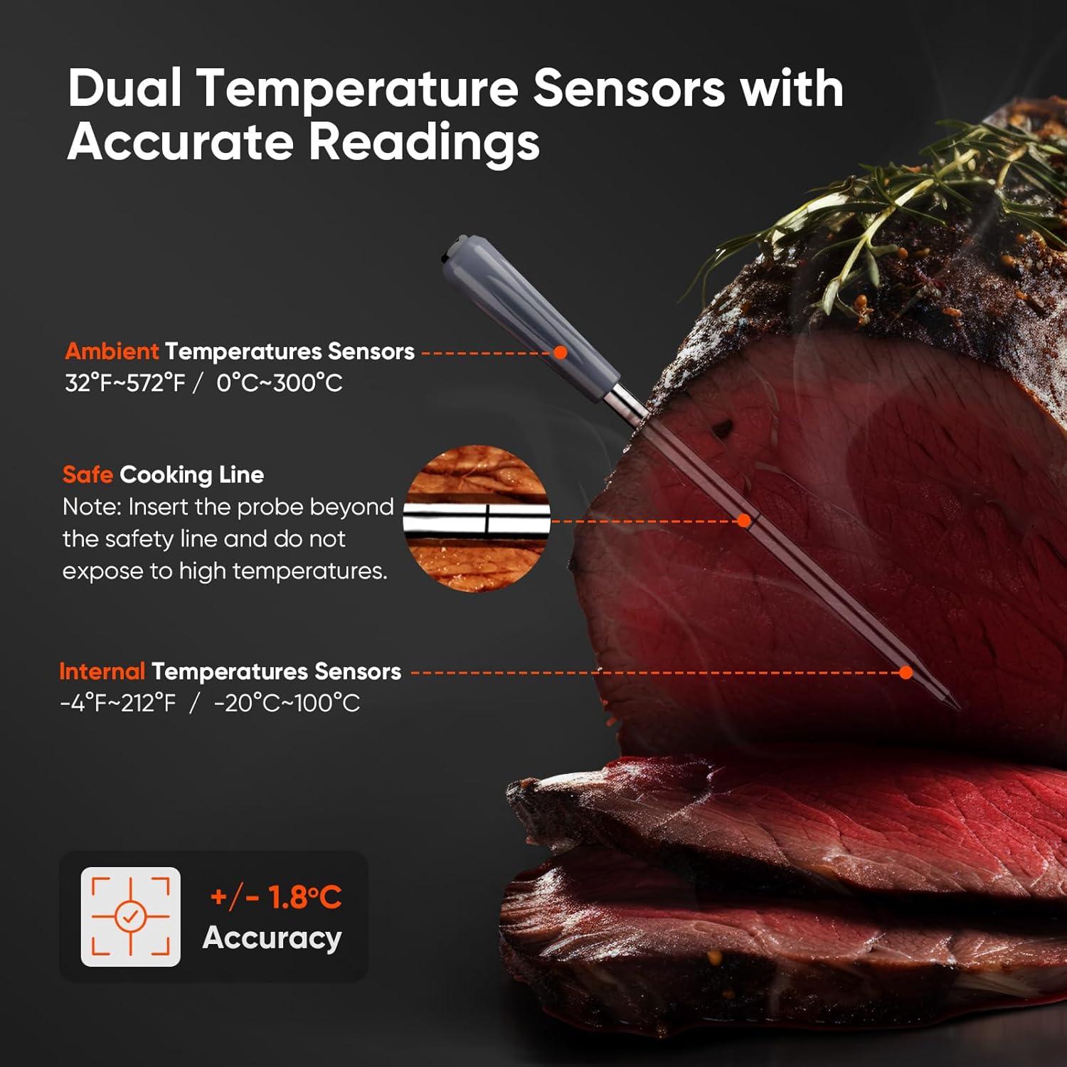Diagram showing dual temperature sensors on the Wotintde meat thermometer probe