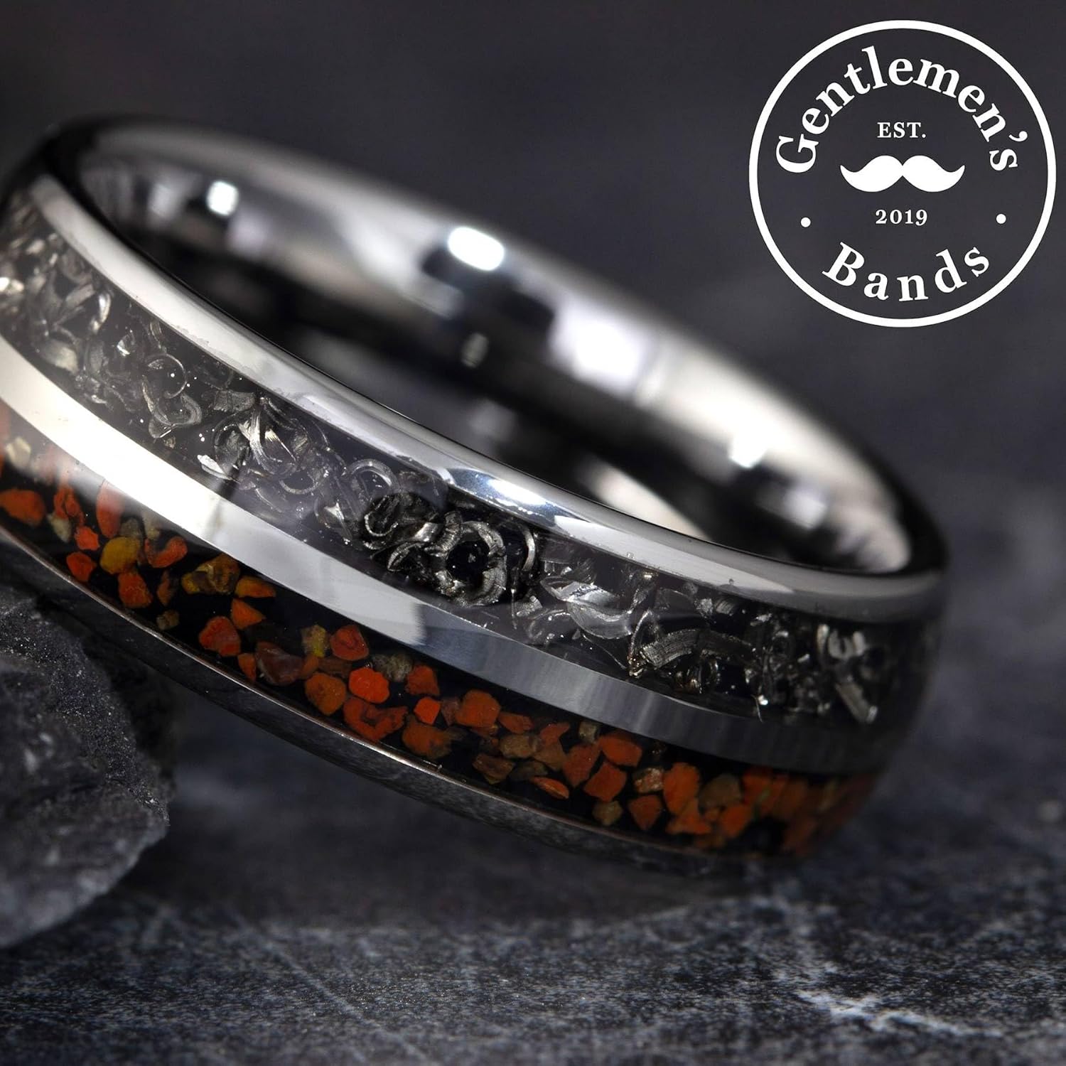 Gentlemen's Bands Premium Silver Tungsten Wedding Band with Dinosaur Bone & Meteorite Inlay | Wedding Ring Is Ideal Gift | Package Includes Silicon Band, Walnut Ring Box, Leather Pouch - Image 3