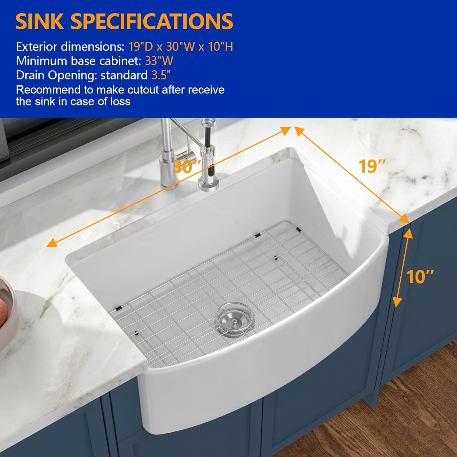 Dcolora 30" White Curved Farmhouse Sink, Fireclay Apron Front Kitchen Sink with Elegant Arc Edge, Deep Single Bowl Ceramic Farm Sink, 30"x19"x10" #DC-A8872
