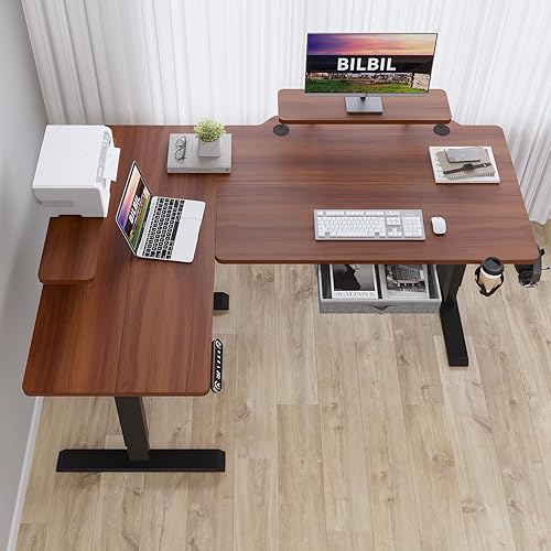 Miniatura 2 de bilbil Escritorio eléctrico de pie en forma de L con cajón, altura ajustable de 62 x 47 pulgadas, escritorio de pie con estante de almacenamiento,
