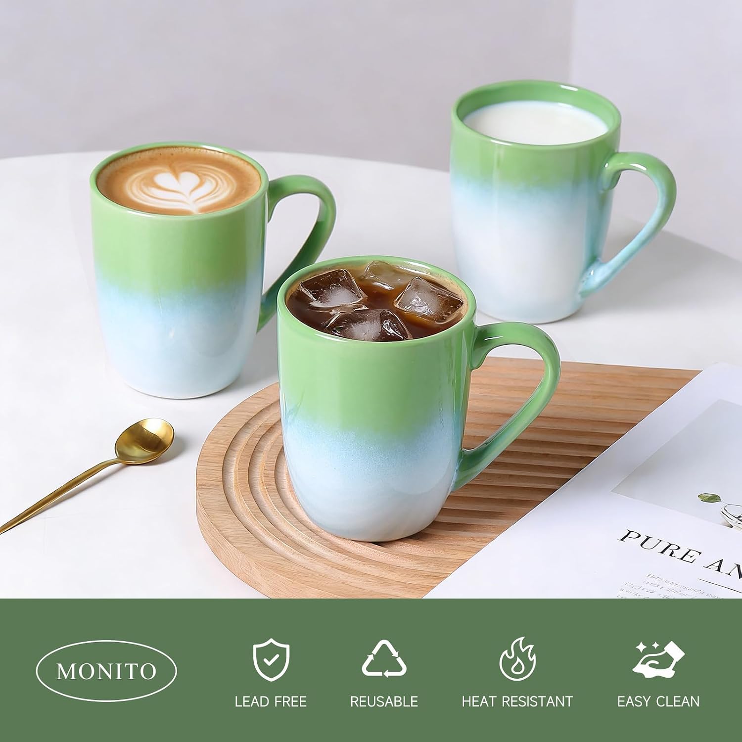 MONITO 17oz Ceramic Coffee Mugs Set of 6, Green Gradient Mugs with Handle image 2