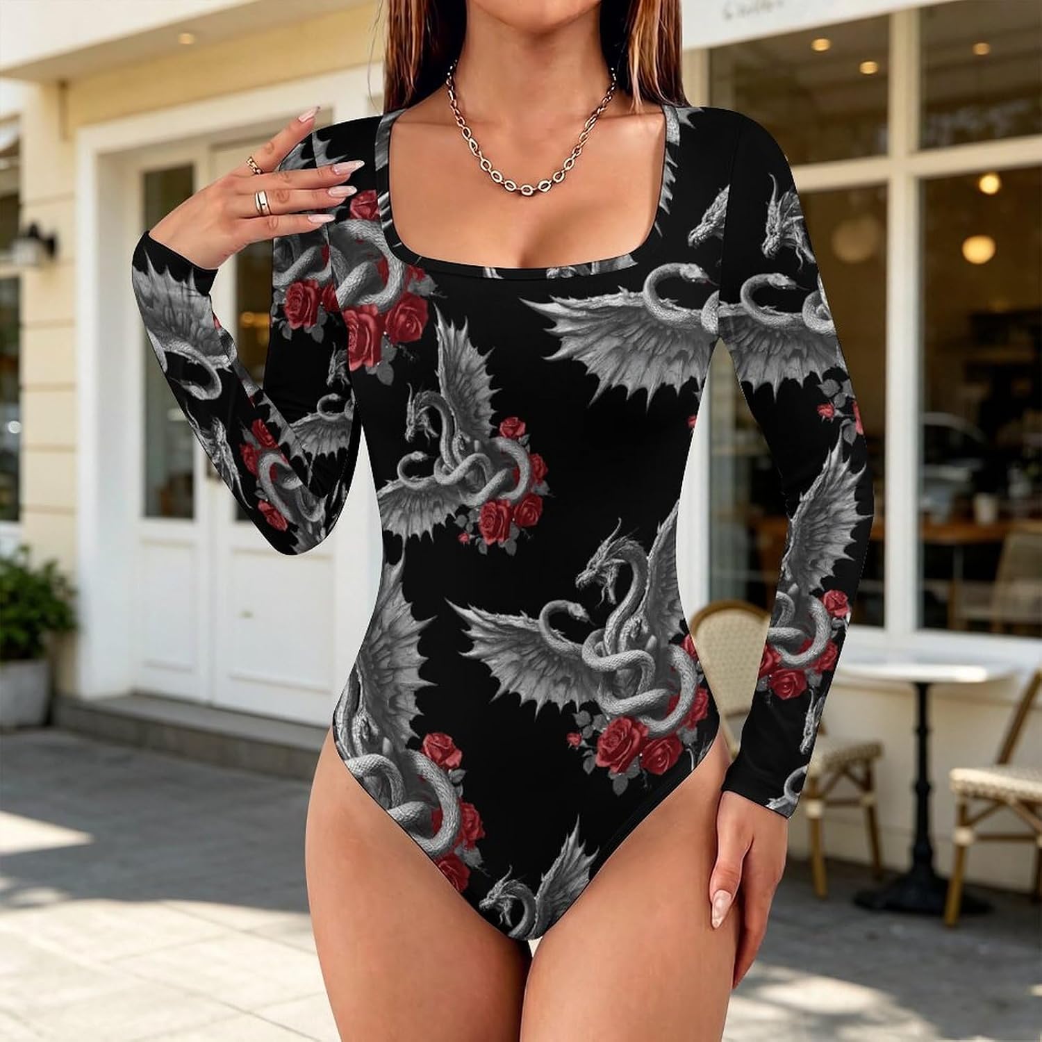 Dragon Snake Roses Women's Bodysuits Long Sleeve Top 5XL