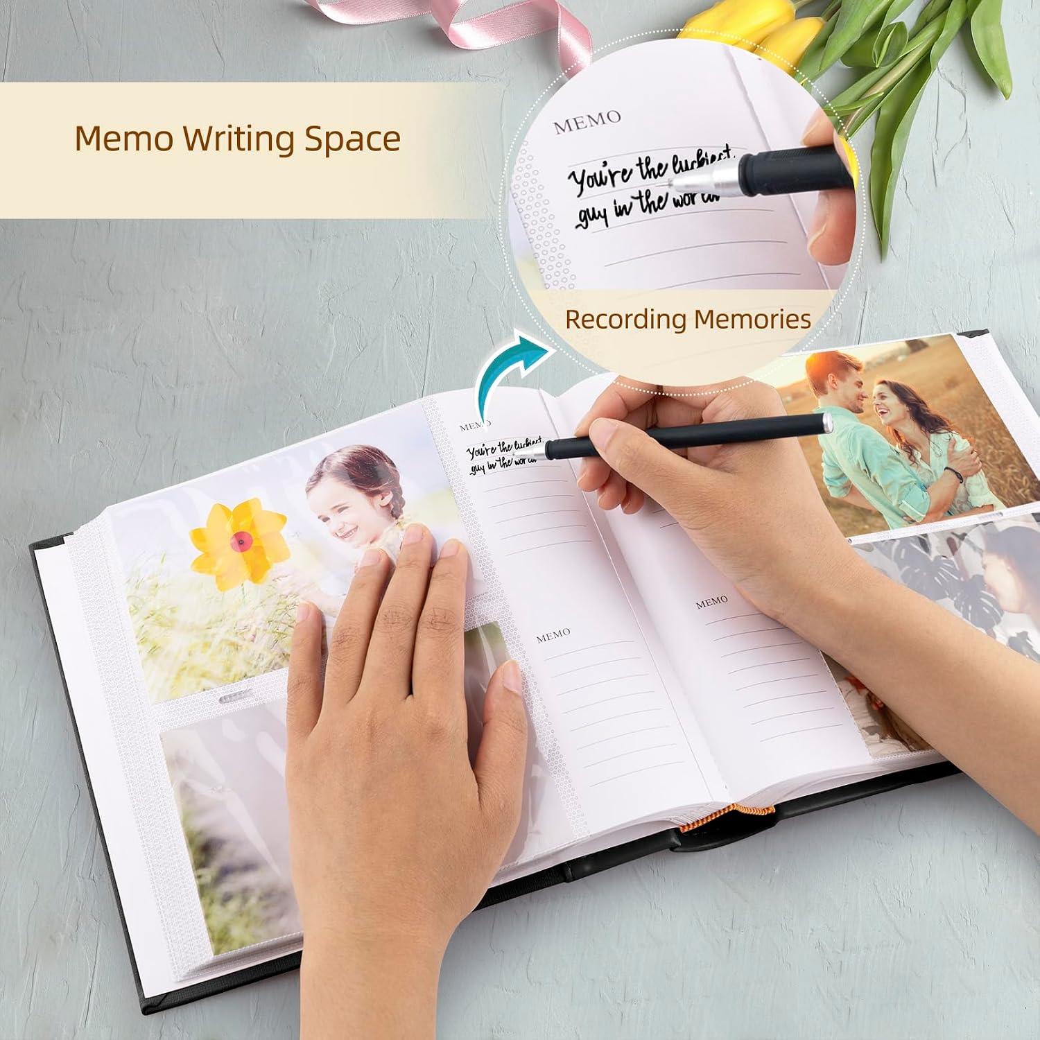 Golden State Art,Faux Leather Photo Album Hold 200 4x6 Pictures with Memo Writing Space,Great for Wedding Family Holidays(Color:Black)