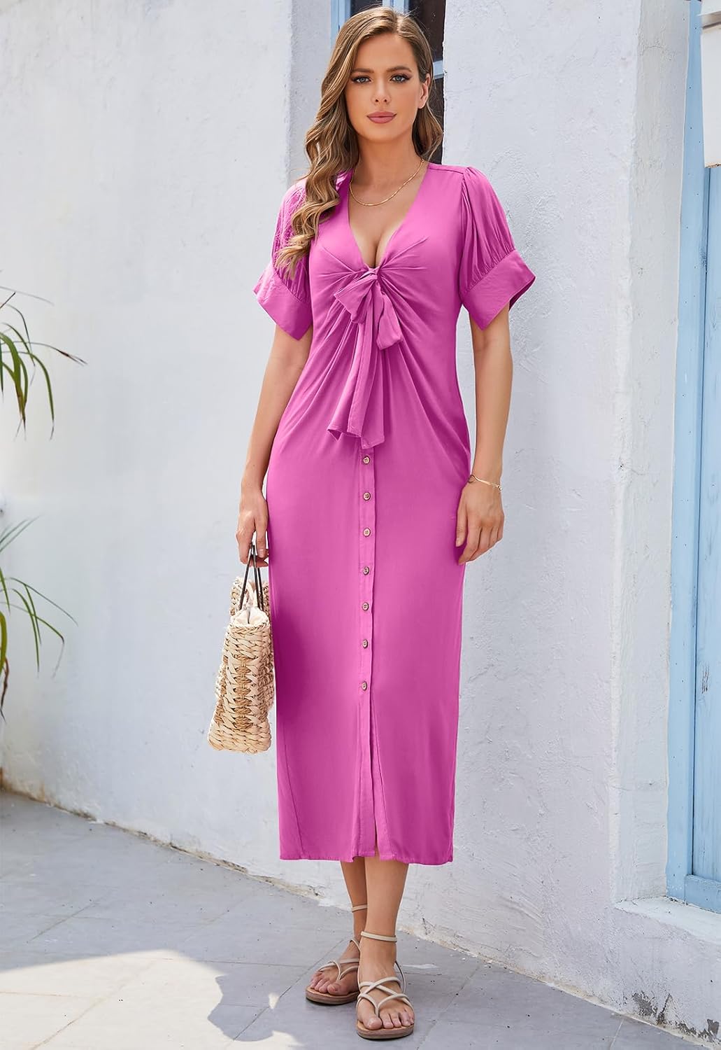 OWNGIGI Women's Maxi Dress Causal Wrap V-Neck Boutton Slit Puff Short Sleeve Beach Party A Line Boho Long Dresses Pink - Image 5