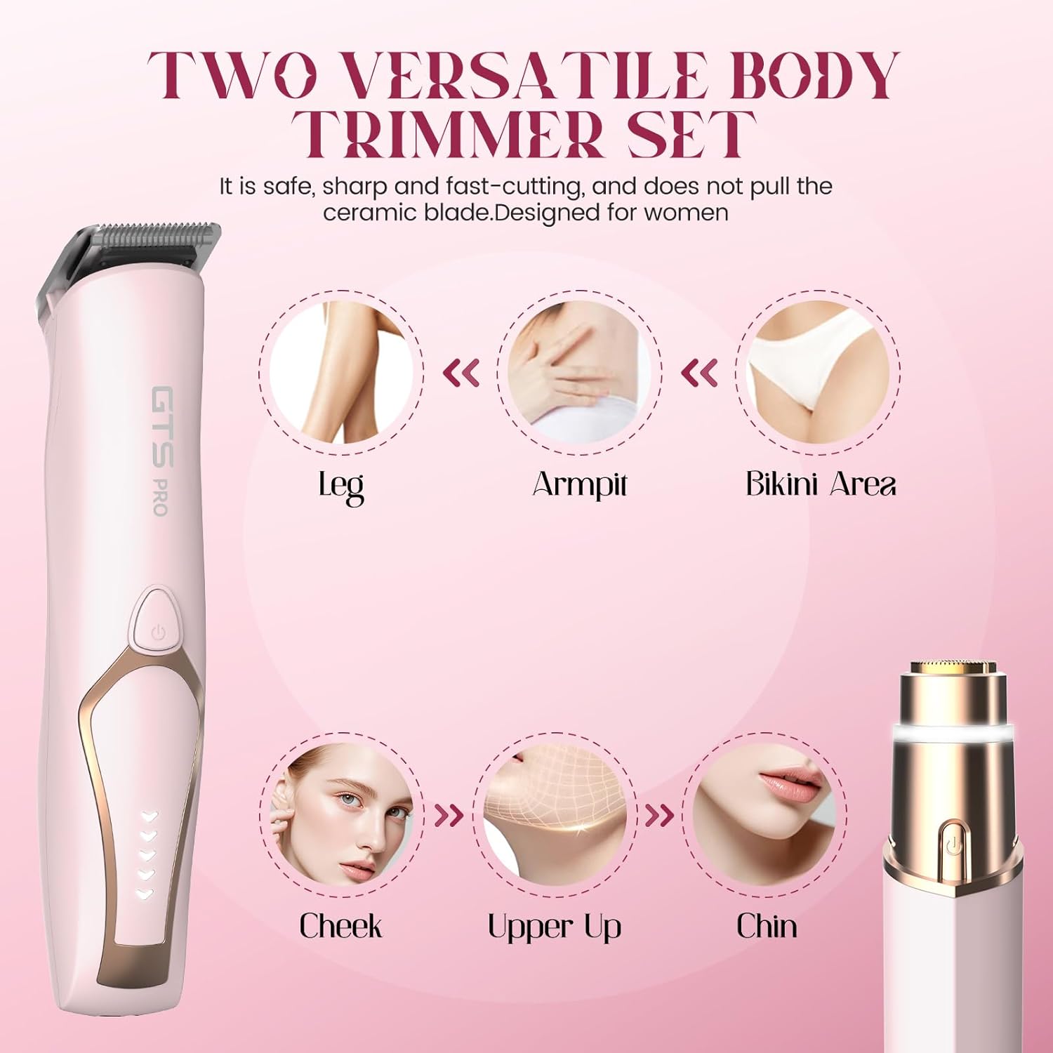 Bikini Trimmer for Women Electric Razor 2 Pack Dual Head Body & Facial Hair Remover -Waterproof USB Rechargeable with Replacement Ceramic Blades, Travel Pouch & Packaging Box(Pink) image 3 of 7 B0F83QL6GQ