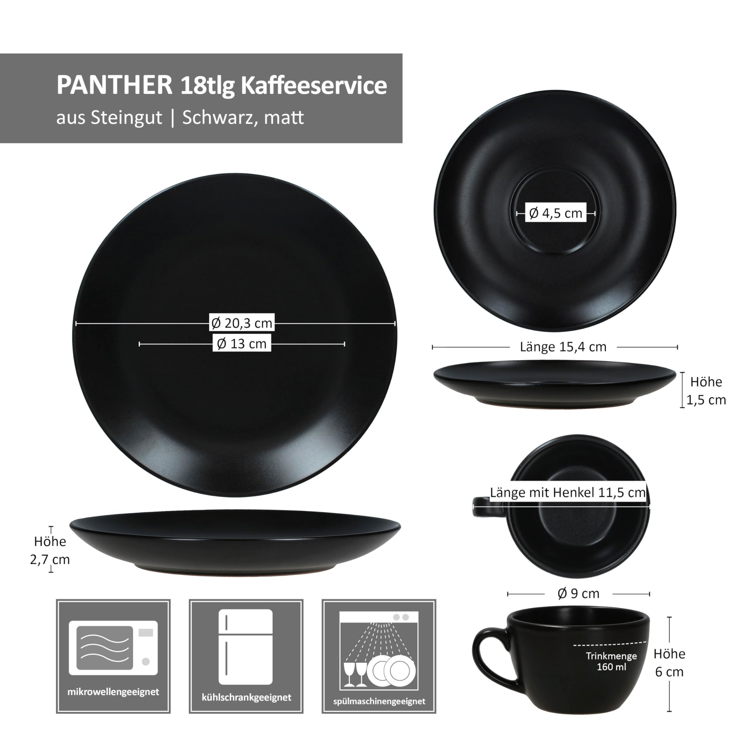 MamboCat Panther Servizio da caffè 18 pezzi, nero, set da caffè in gres opaco per 6 persone, 6 tazze da caffè da 160 ml, piattini e piatti da torta, eleganti stoviglie per colazione e caffè