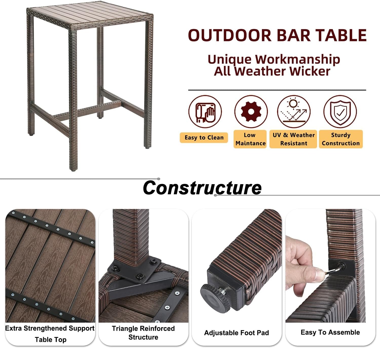 Outdoor Bar Set for Patio 3pcs Outdoor Bar Table and Chairs Set All Weather Bar Height High Top Outdoor Table and Chairs Wicker Bar Stools Set of 2 Tall Patio Table for Outside Balcony Brown