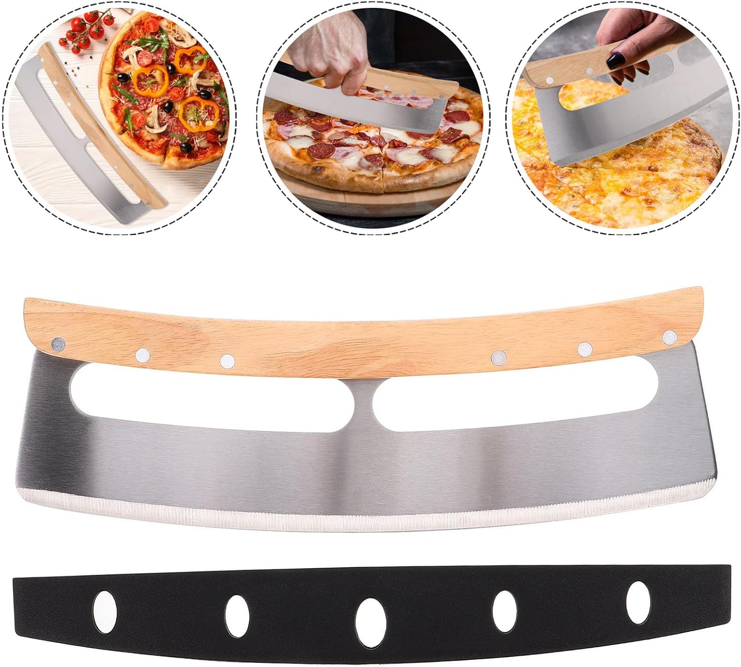 Pizza Cutter Wheel Stainless Steel Rocker with Wooden Handle and Protective Cover, Long Half-moon Blade Bread Slicer Knife for Kitchen Pizza Making and Baking