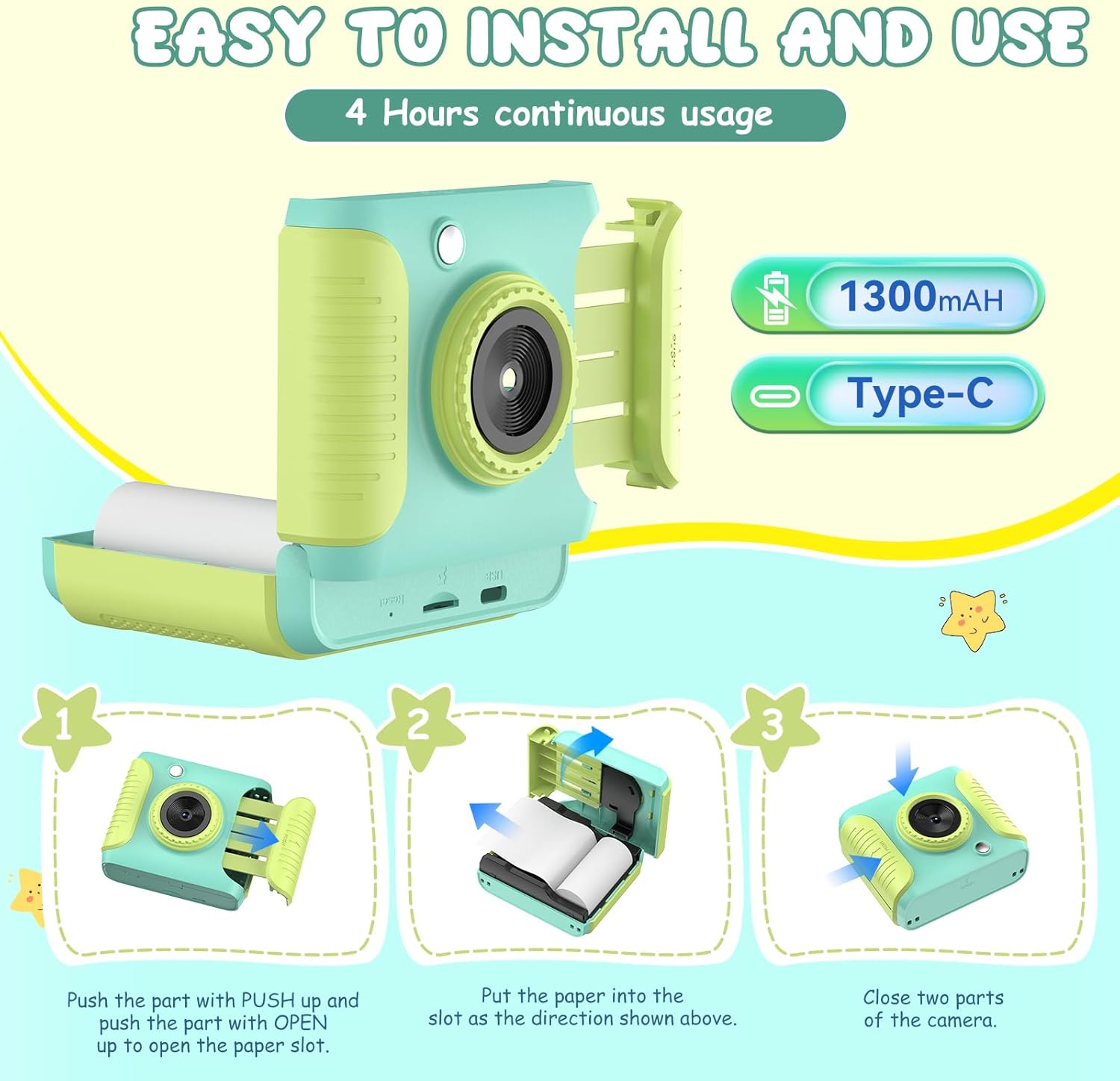 Instant Print Camera for Kids,2.4 Inch Screen Kids Instant Cameras, Christmas Birthday Gifts for Girls Age 3-12,Portable Toddler Toy for 3 4 5 6 7 8 9 10 11Year Old Girls Boys Green