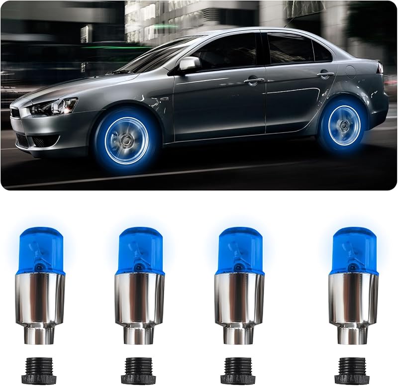 4 PCS LED Tire Valve Lights, Waterproof Light up Air Neon Bicycle Motorcycle Tyre Valve Flash Lights, Bike Truck Golf Cart Wheel Assemblies Lamp, Exterior Car Accessories (Blue)