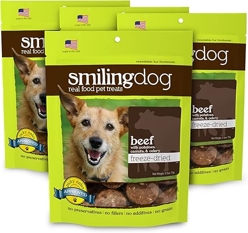 Herbsmith Golosinas sonrientes para perros  Carne cruda liofilizada de res, papas, zanahorias y apio  Eso es 100%  Paquete de 4