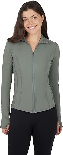 90 Degree By Reflex Chaqueta atlética para correr con cuello alto y corte ajustado y acanalado con cremallera y agujeros para los pulgares